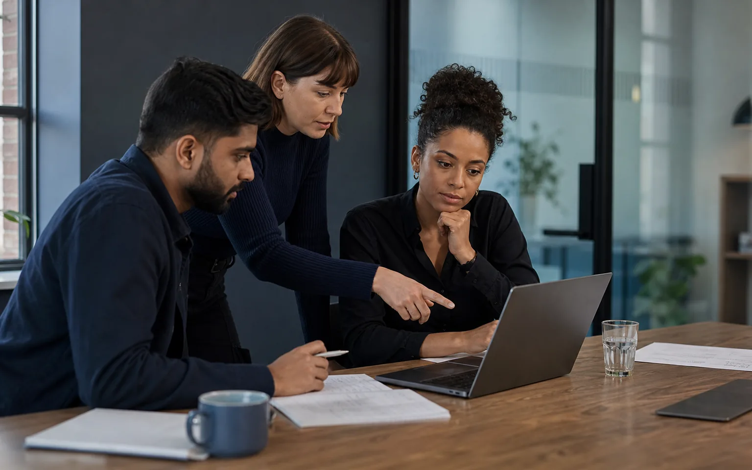 Three colleagues reviewing meeting actions together around a laptop