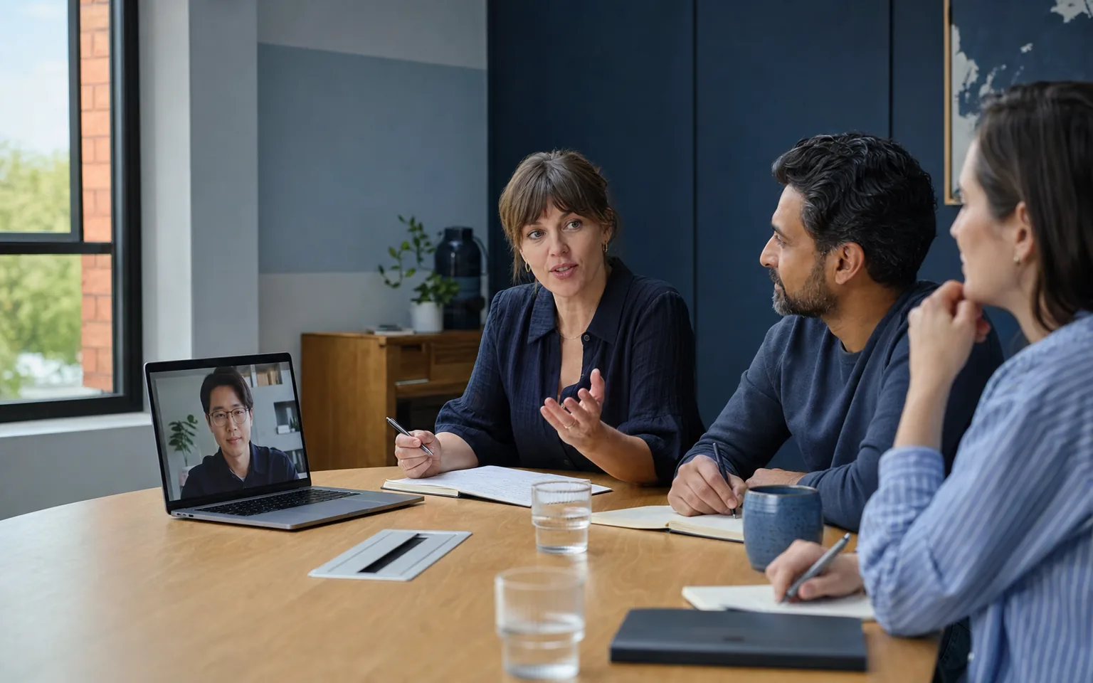 Three colleagues in a hybrid meeting with a fourth participant joining by video